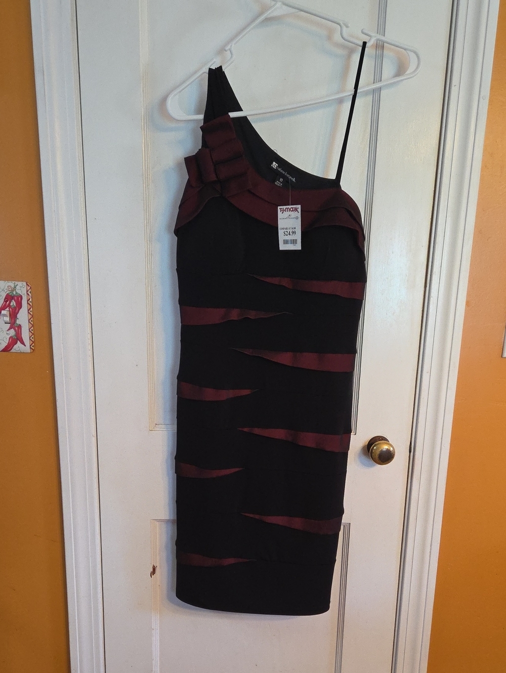 Valerie Bertinelli Black and Burgundy One-Shoulder Cocktail Dress